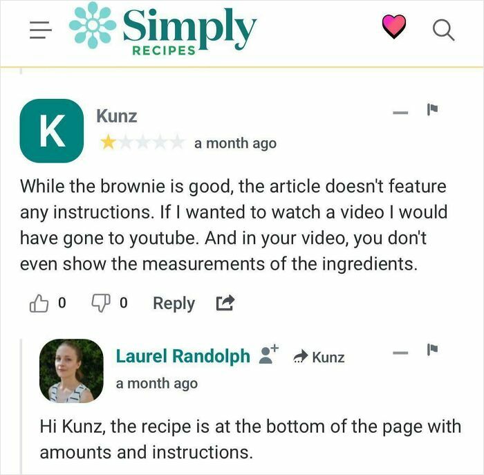 User review complaining about missing recipe instructions and creator's reply clarifying recipe details on Simply Recipes site.
