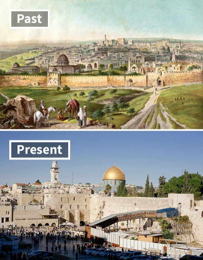 Historical and modern views of one of the world’s oldest cities showing life then and today under clear skies.