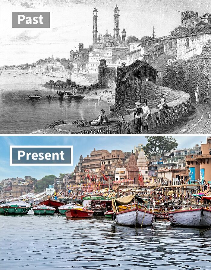 Historic and modern views of one of the world’s oldest cities showing life along the riverbank with boats and buildings