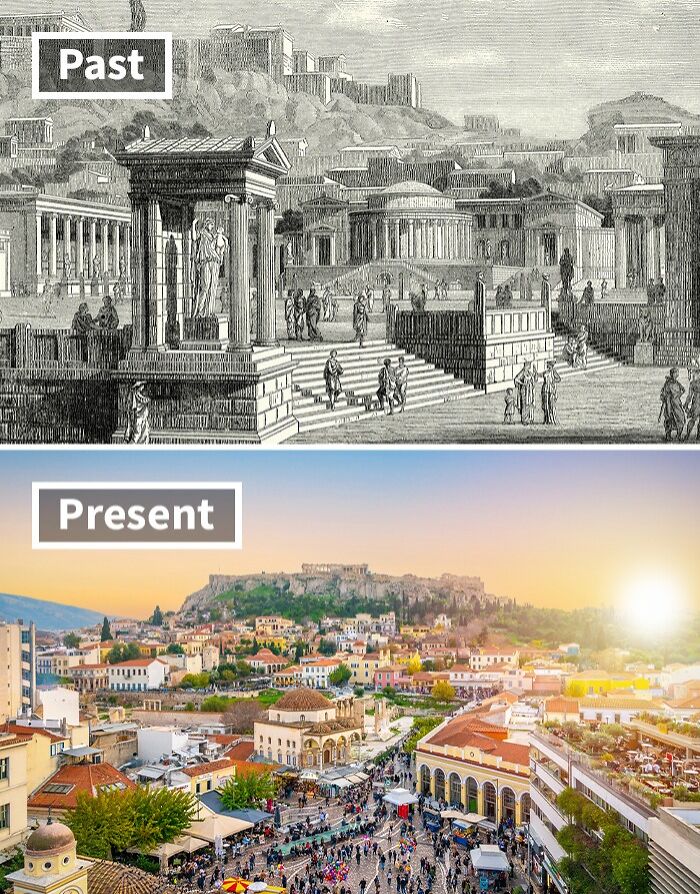 Ancient cityscape illustration contrasted with vibrant modern city life in one of the world’s oldest cities today.