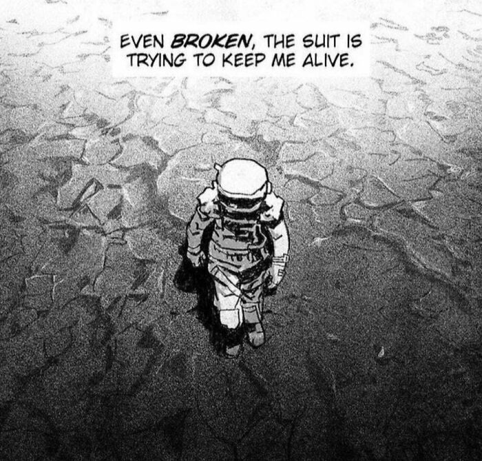 Black and white comic of astronaut walking on c*****d ground with text about broken suit in science fiction meme.
