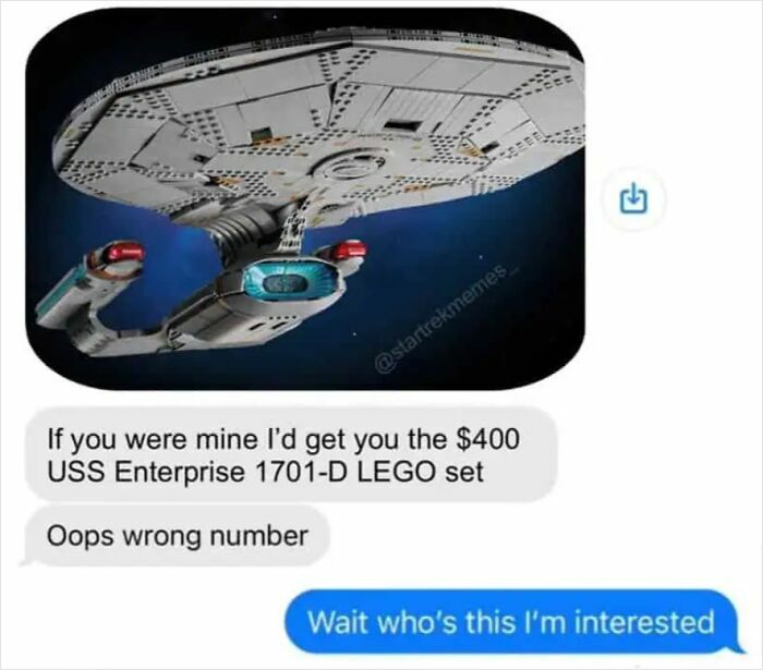 Text meme showing a USS Enterprise LEGO set referenced in a funny and relatable meme for science fiction nerds.