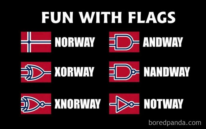 Programming memes showing logic gate variations of the Norway flag illustrating debugging as a frustrating coding struggle.