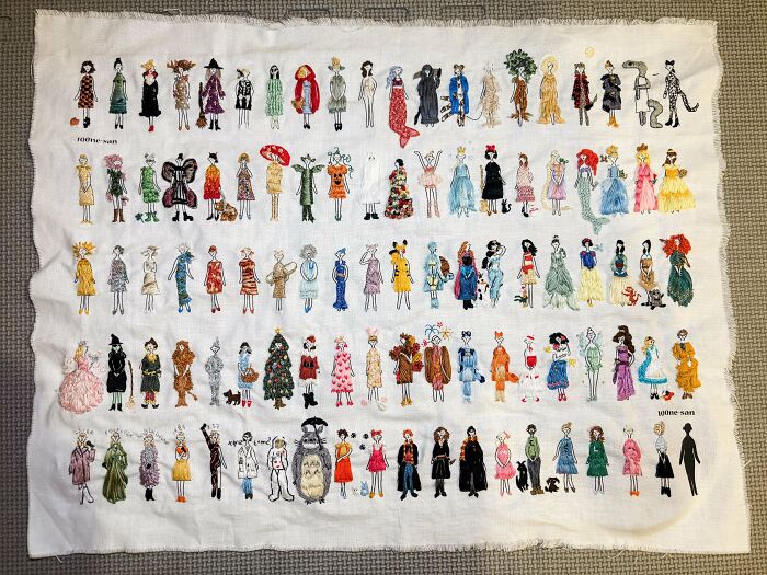 An impressive collection of embroidery creations, featuring many figures in diverse costumes, a great embroidery inspiration.