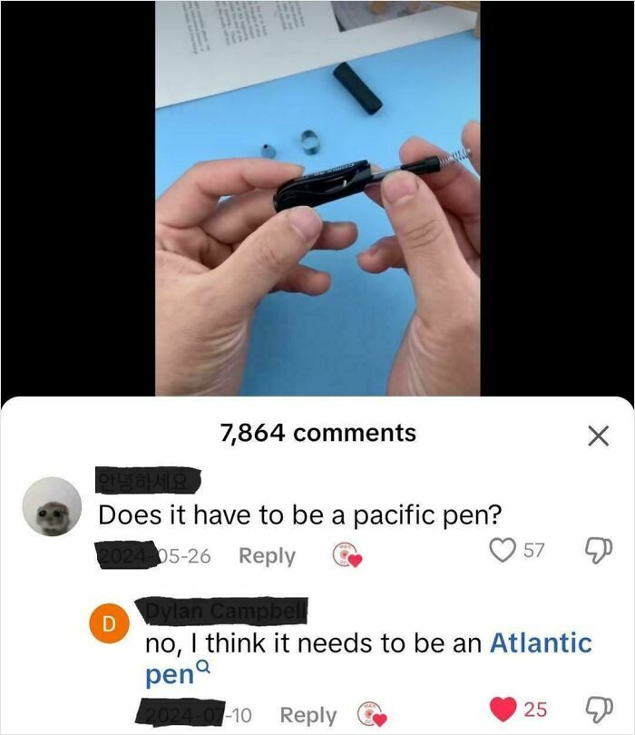 Hands holding a disassembled pen above a humorous comment thread showcasing people so dumb in posts.