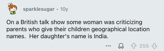 Screenshot of a Reddit comment highlighting a humorous geography fail about naming a child India.