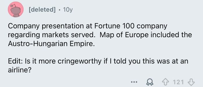 Screenshot of a social media post describing a geography fail involving an outdated map of Europe with the Austro-Hungarian Empire.