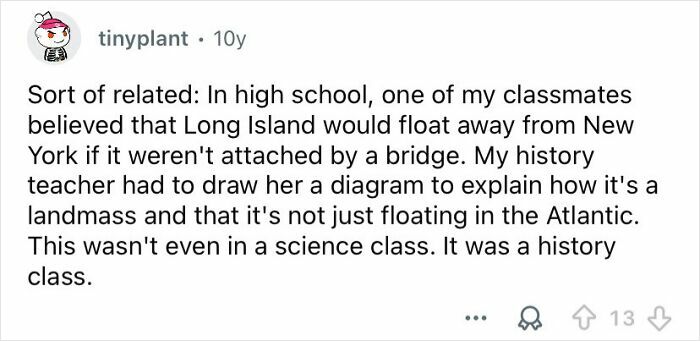 Reddit post describing a geography fail where a student thought Long Island might float away without a bridge.