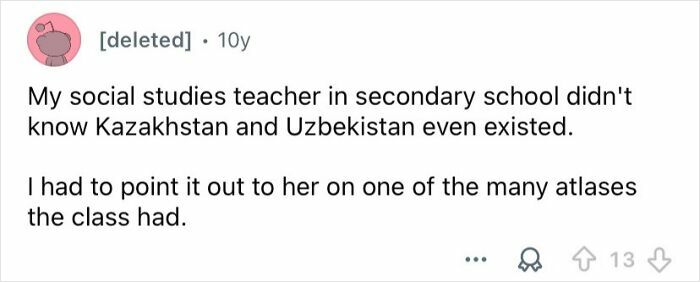 Screenshot of a Reddit comment where a user shares a story about a teacher failing at geography with Kazakhstan and Uzbekistan.