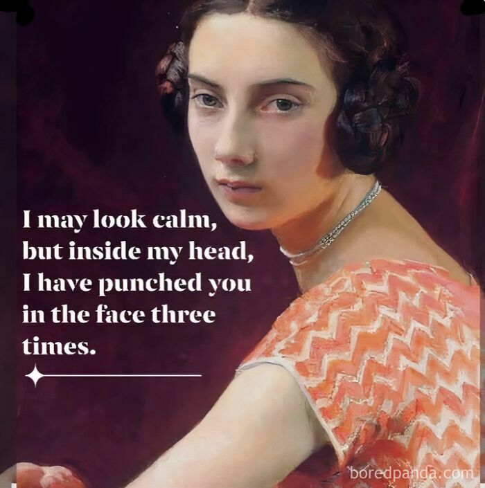 Classical art meme featuring a calm woman with humorous modern text about hidden anger and punching.