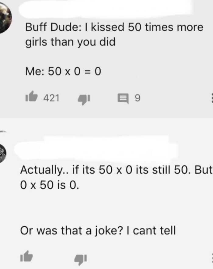 Screenshot of a social media comment thread showing confusion over simple math in dumb posts.