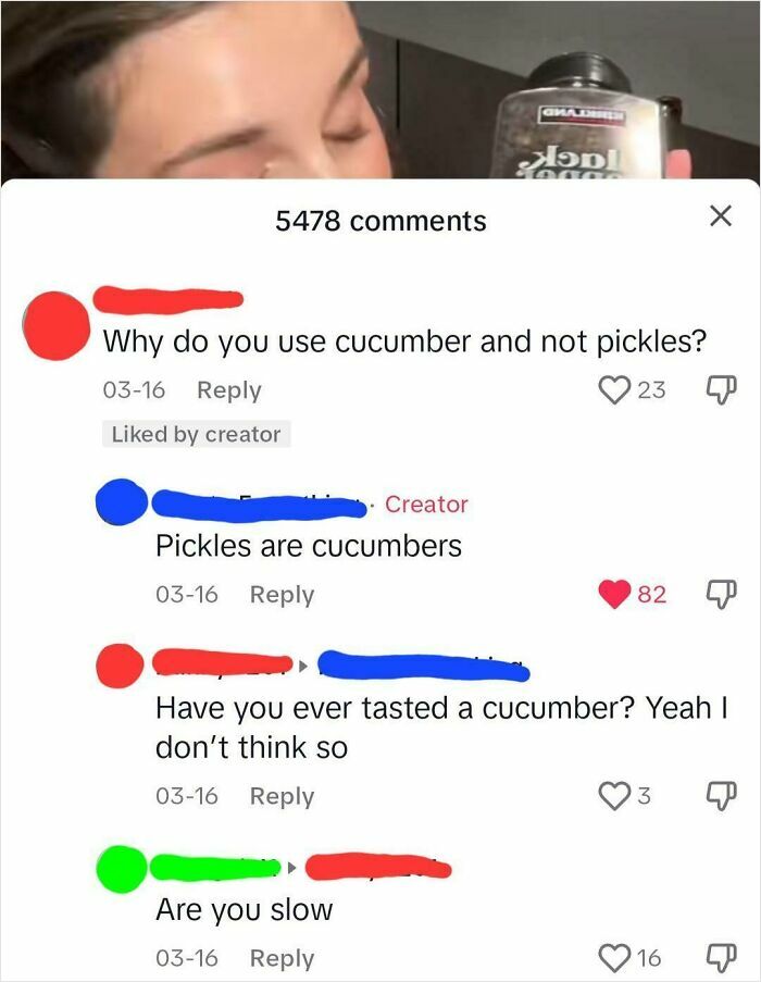 Screenshot of a dumb comment thread about cucumbers and pickles showcasing low IQ social media posts.