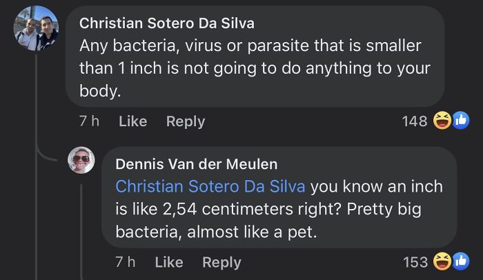 Screenshot of dumb social media posts discussing bacteria size with comments showing confusion and humorous reactions.