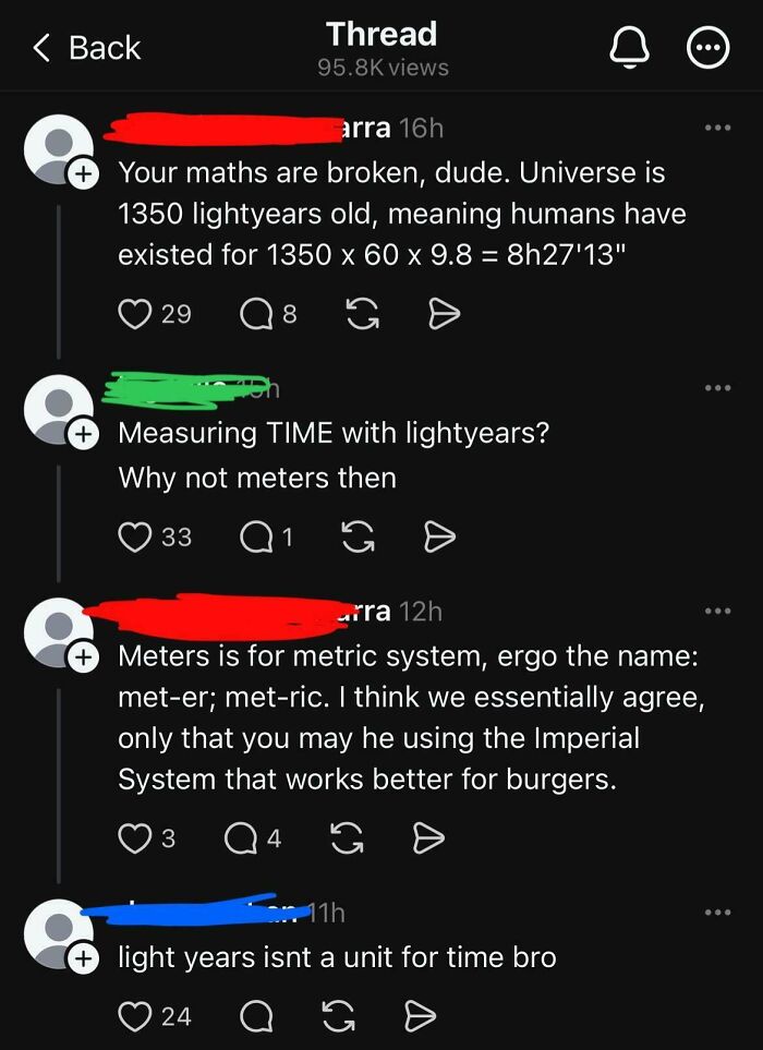 Social media thread showing confused comments on measuring time with lightyears, highlighting dumb internet posts.