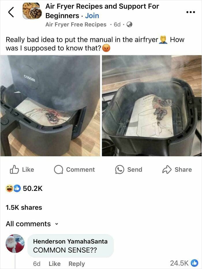 Burned air fryer with manual inside showing one of 54 people so dumb moments causing IQ drop after reading posts.