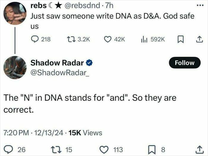 Tweet exchange highlighting a dumb post misunderstanding DNA, part of 54 people so dumb you might feel your IQ drop.