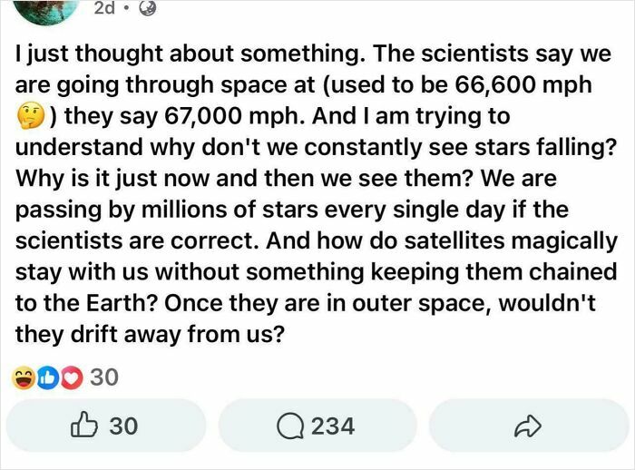 Screenshot of a social media post questioning space travel, stars, and satellites, showing low intelligence in posts.