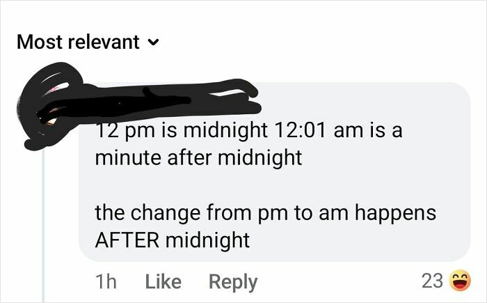 Screenshot of a social media comment showing confusion about the time change between 12 pm and 12 am, illustrating dumb posts.
