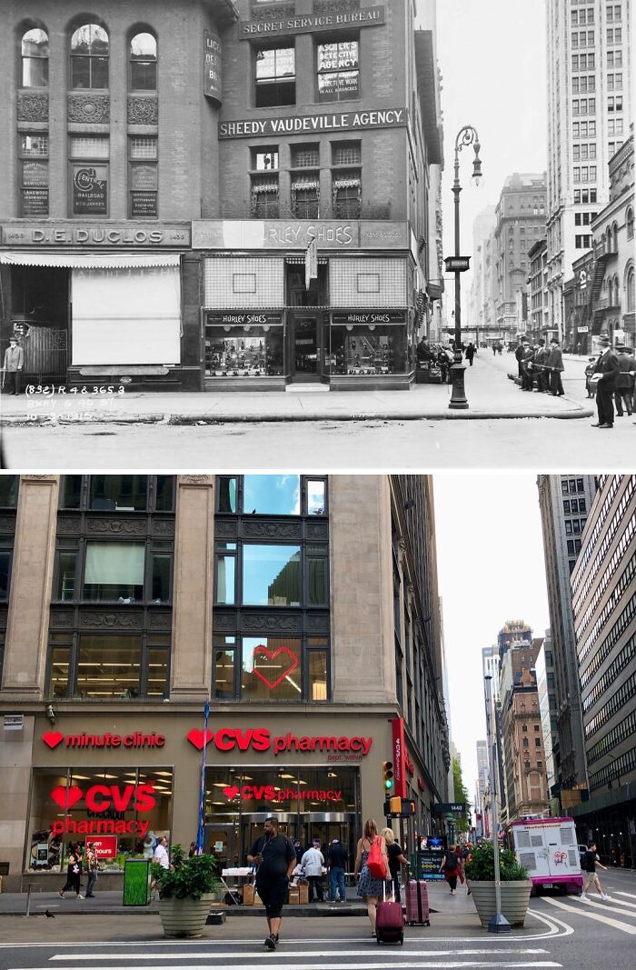 Historic and modern photos showing changes in New York City street and building facades over time