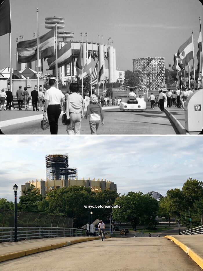 Historical and modern photos showing how New York public spaces and landmarks have changed over time.