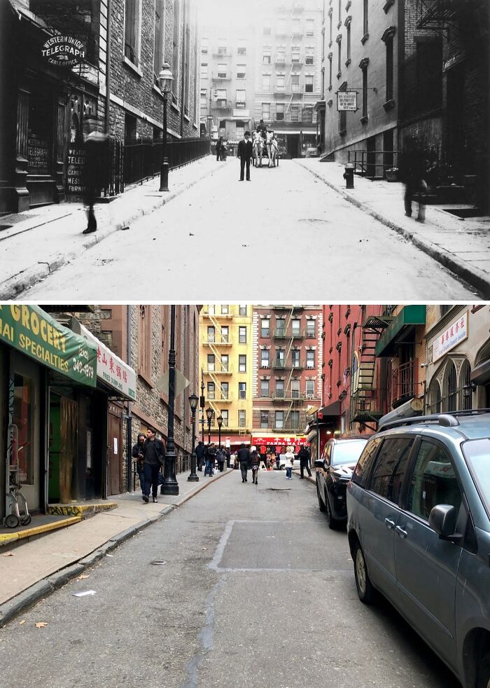 Historical and modern photos showing how New York streets and lifestyle have changed over time in an urban setting.