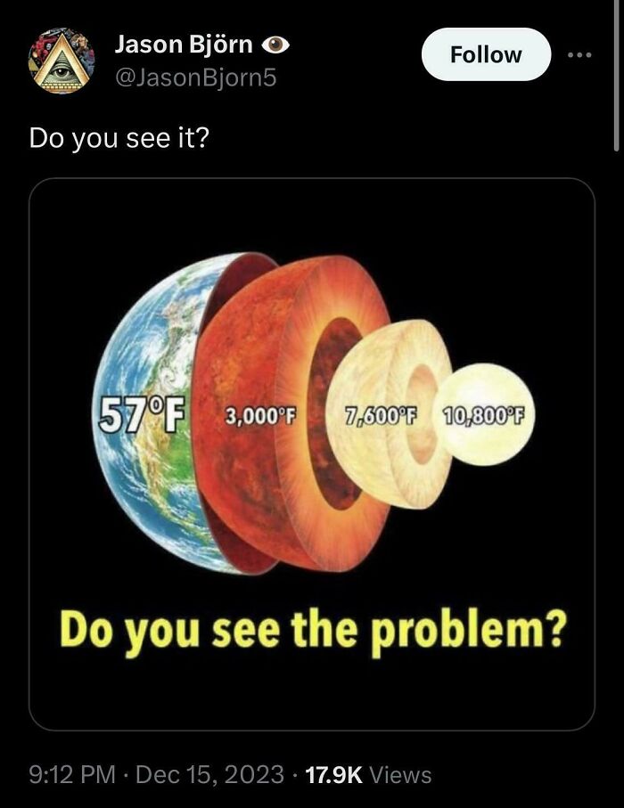 Tweet showing Earth layers with temperatures from 57°F to 10,800°F, highlighting a geography fail that made the internet facepalm.