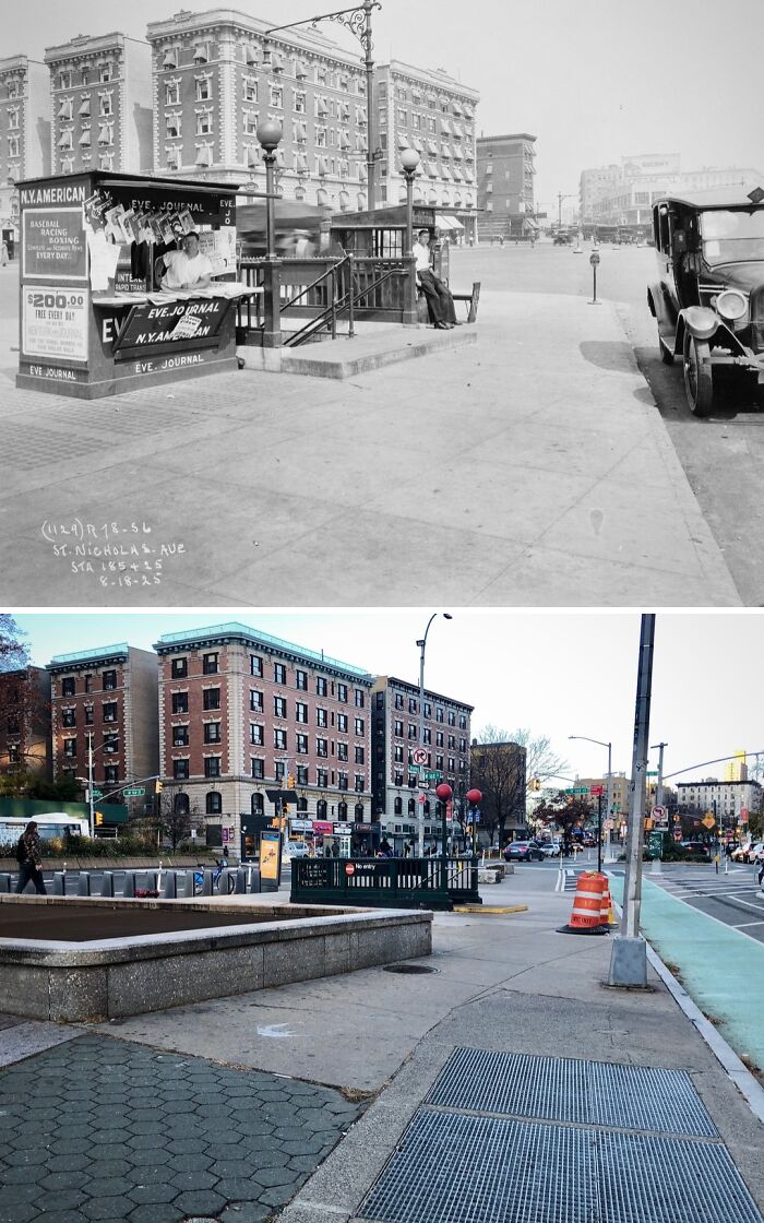 Historical and modern photos showing how New York streetscape and architecture have changed over time.