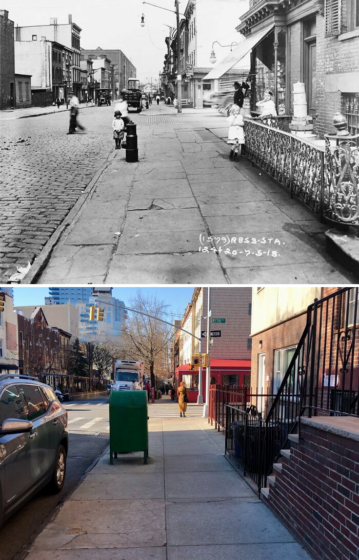 Old and modern street views in New York showing changes in architecture, vehicles, and urban life over time.