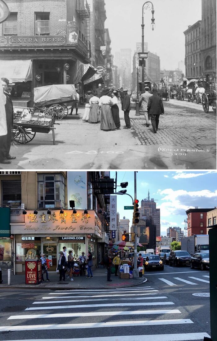 Street scenes in New York showing historical and modern photos highlighting how New York has changed over time.