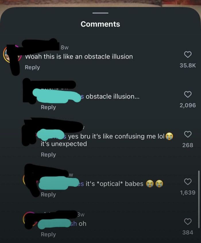Comments thread showing people confused about an optical illusion, illustrating people so dumb you might feel your IQ drop.