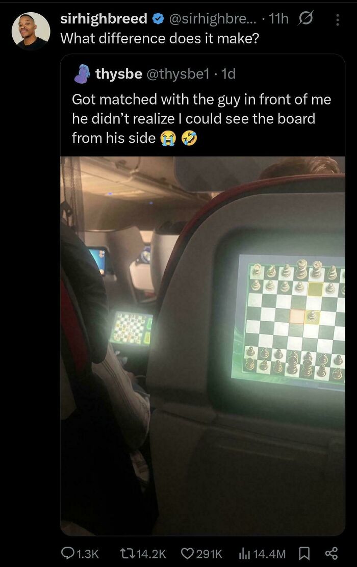 Two airplane passengers playing chess on screens, unaware one can see the other's board, illustrating dumb posts.