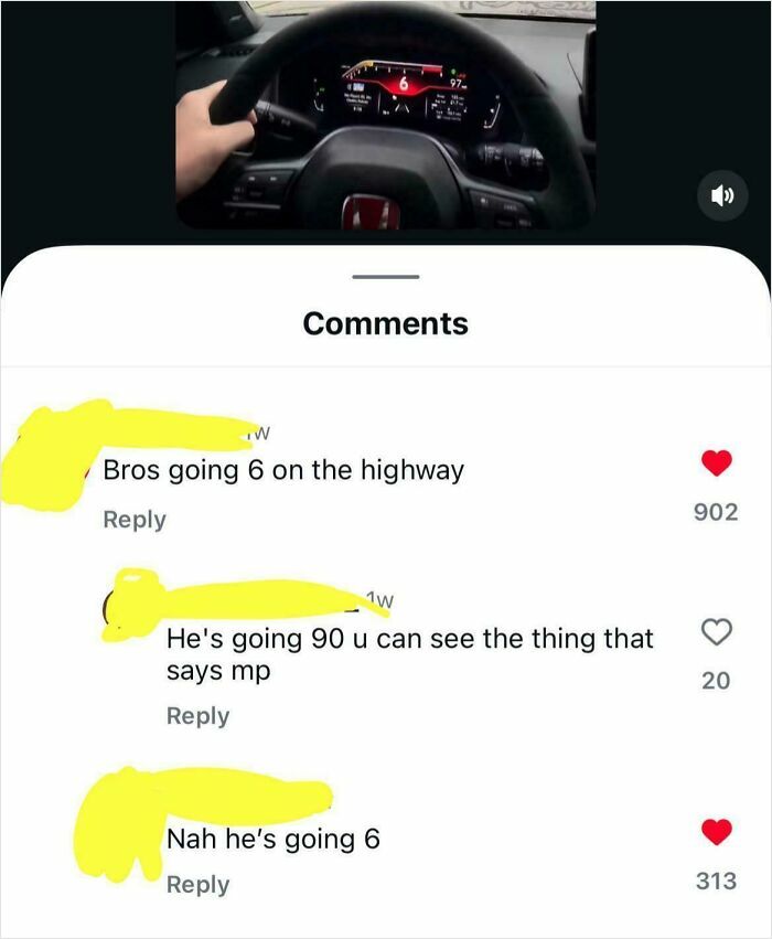 Car dashboard showing 97 mph with comments debating speed, highlighting people so dumb you might feel your IQ drop.