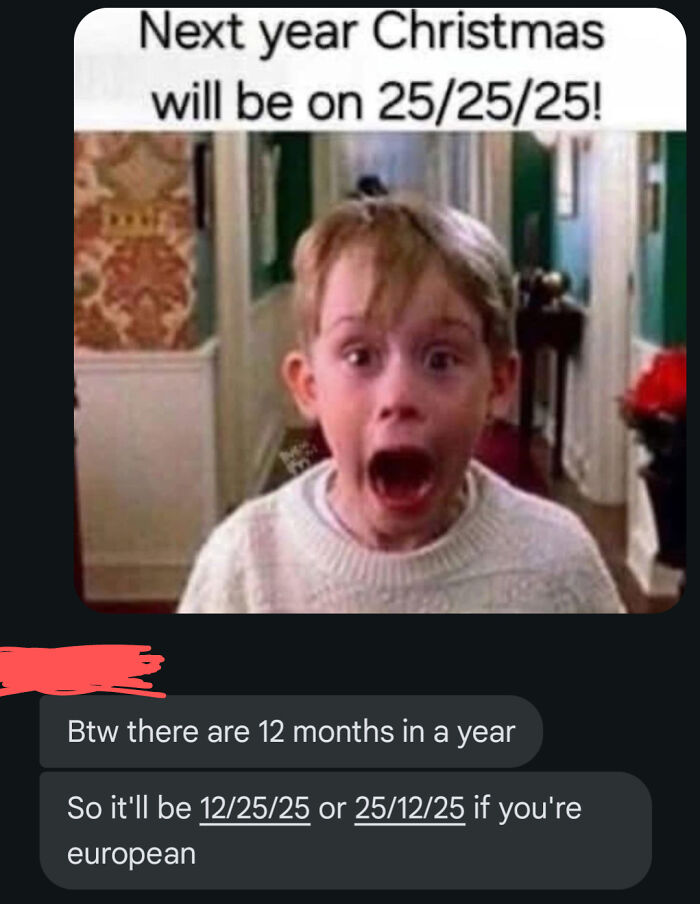 Young boy with shocked expression reacting to a post about dumb people and confusing Christmas dates meme.