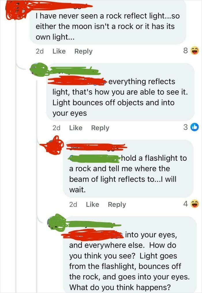 Screenshot of social media comments showing a discussion reflecting dumb posts about how rocks and the moon reflect light.