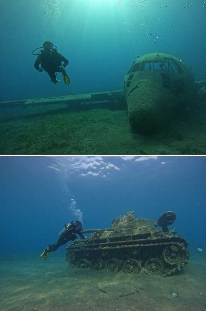 Underwater diver exploring a sunken plane and a rusted tank on the ocean floor in unexpected ocean photos.