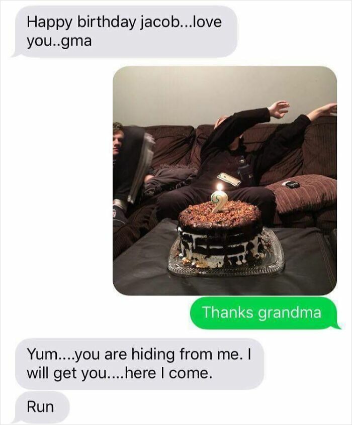 Text message exchange with a grandma humorously trying to use technology to send a birthday message and photo.