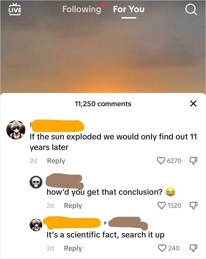 Social media post showing a dumb comment about the sun exploding and scientific facts discussion.