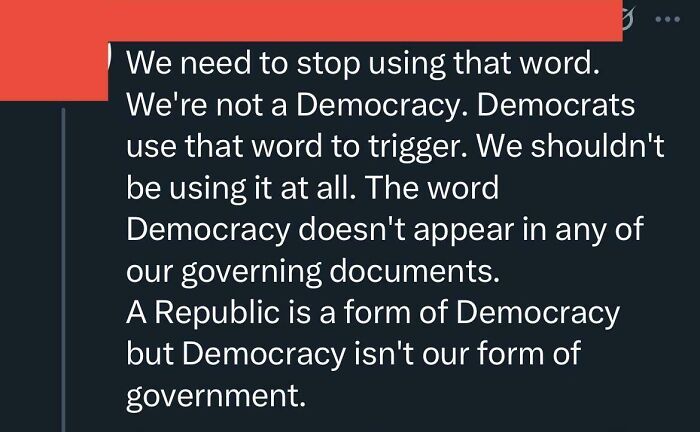Screenshot of a social media post with a misleading statement about democracy and government, highlighting dumb posts.