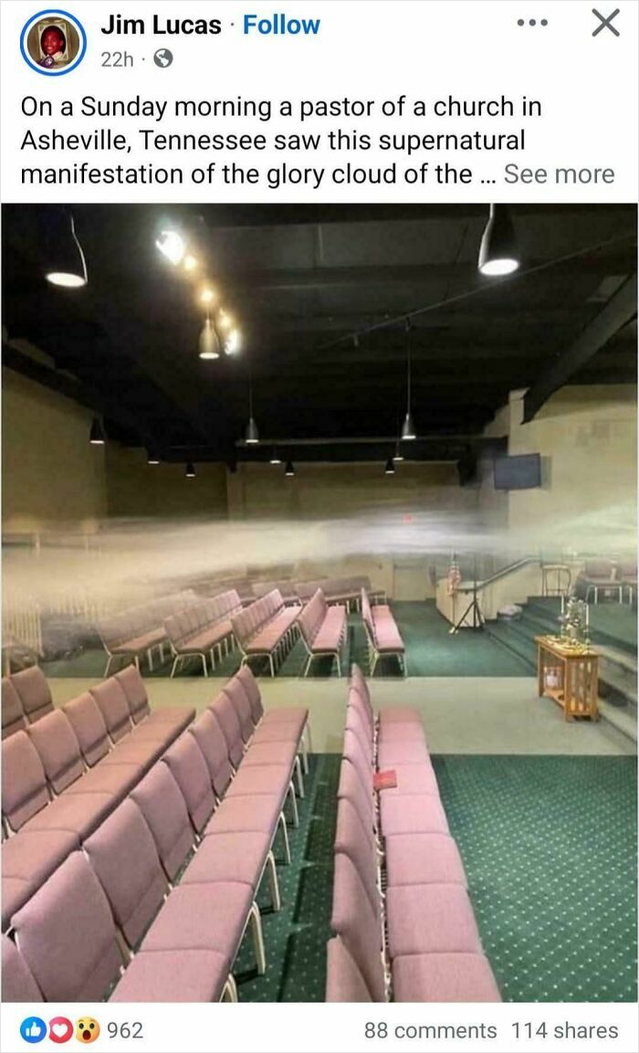 Church interior with rows of empty chairs and a light beam mistaken for a supernatural manifestation, featuring dumb posts.