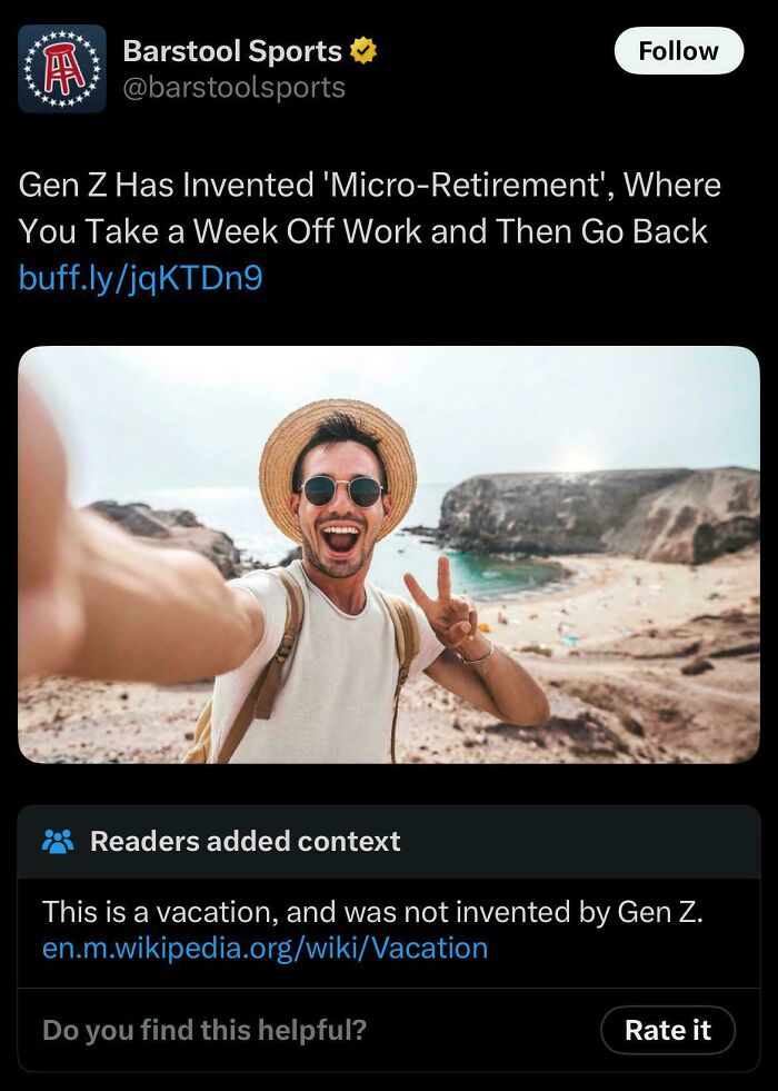 Screenshot of a social media post about Gen Z and micro-retirement with readers adding context on vacation, dumb people posts.