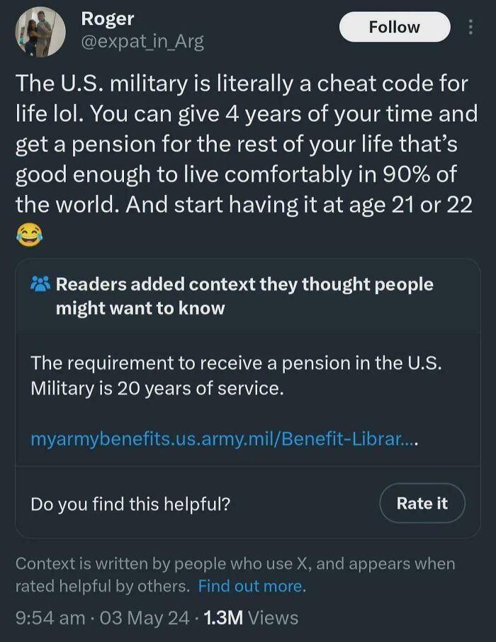 Tweet claiming the U.S. military pension requires 4 years, with reader correction noting 20 years needed, part of dumb posts.