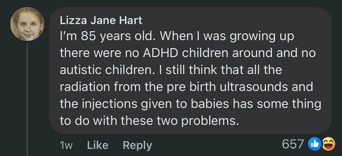 Social media post claiming no ADHD or autism in past generations, linking conditions to prenatal ultrasounds and injections.