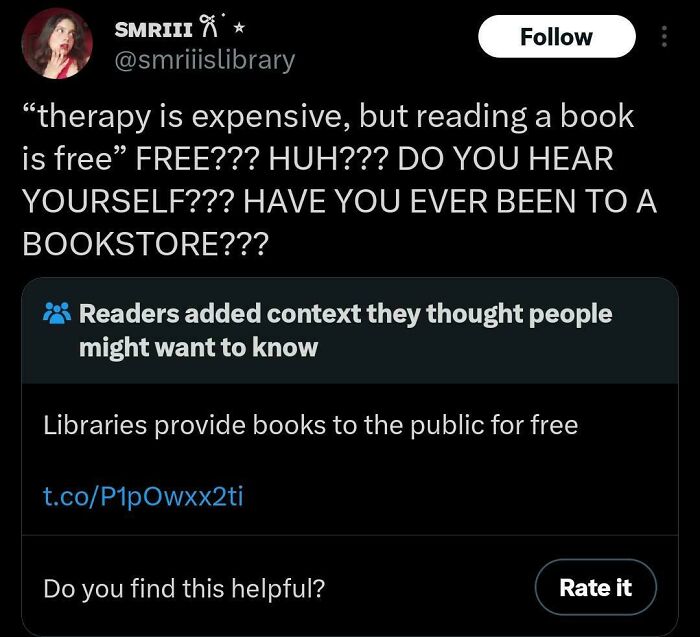 Tweet discussing the misconception about free books, with context added about libraries, related to people so dumb posts.