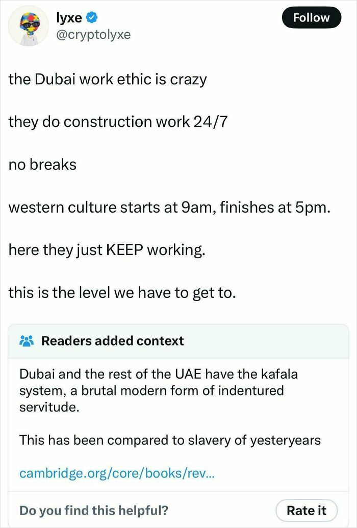 Tweet misinterpreting Dubai work ethic, highlighting harsh conditions linked to kafala system, included in dumb posts collection.
