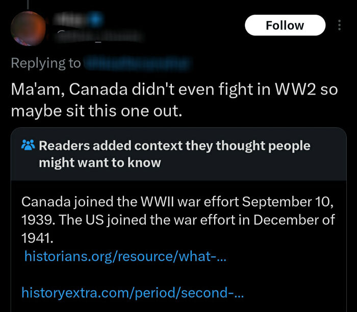 Screenshot of a social media post showing a common historical misconception about Canada’s involvement in WWII.