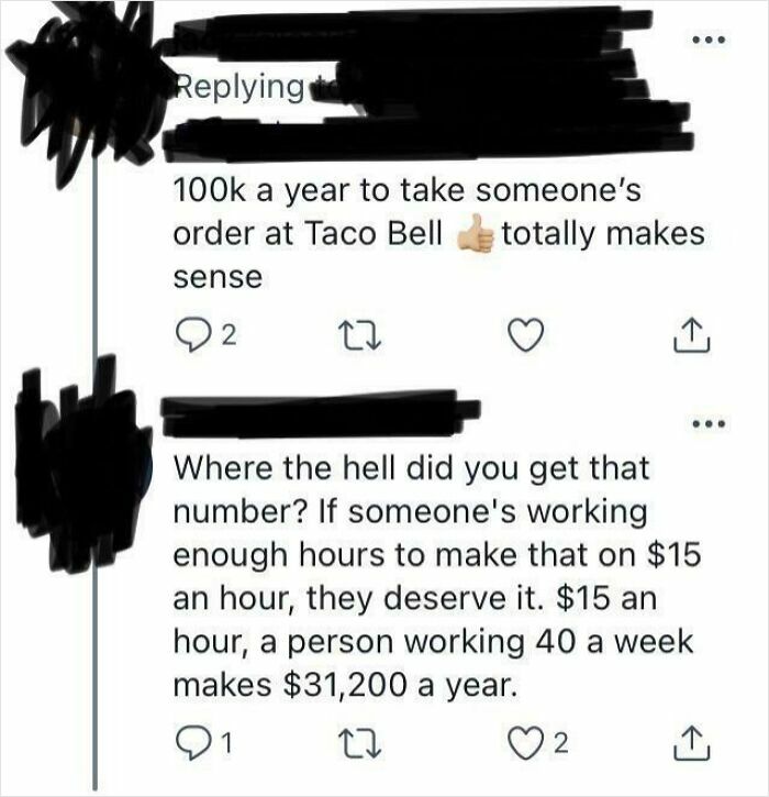 Screenshot of a social media conversation showing humorous misunderstanding about Taco Bell employee salaries.