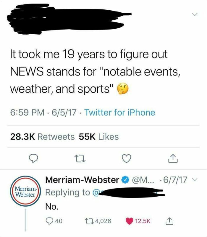 Twitter post showing a humorous misunderstanding about NEWS meaning notable events, with a reply from Merriam-Webster.
