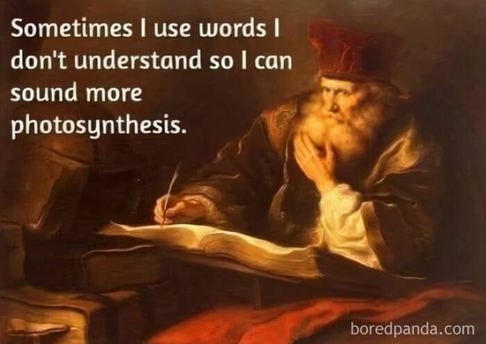 Classical art meme showing a bearded man writing with a humorous modern caption about using complex words.