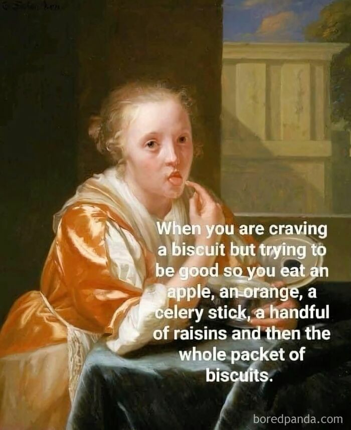 Classical art meme showing a woman teasingly eating, combining modern humor with classical art and old paintings.