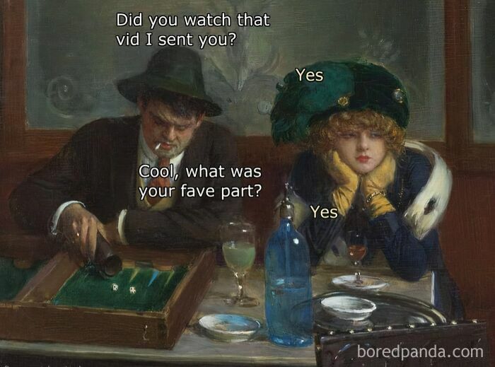 Classical art painting turned meme with modern humor, featuring a man and woman in vintage attire at a bar table.
